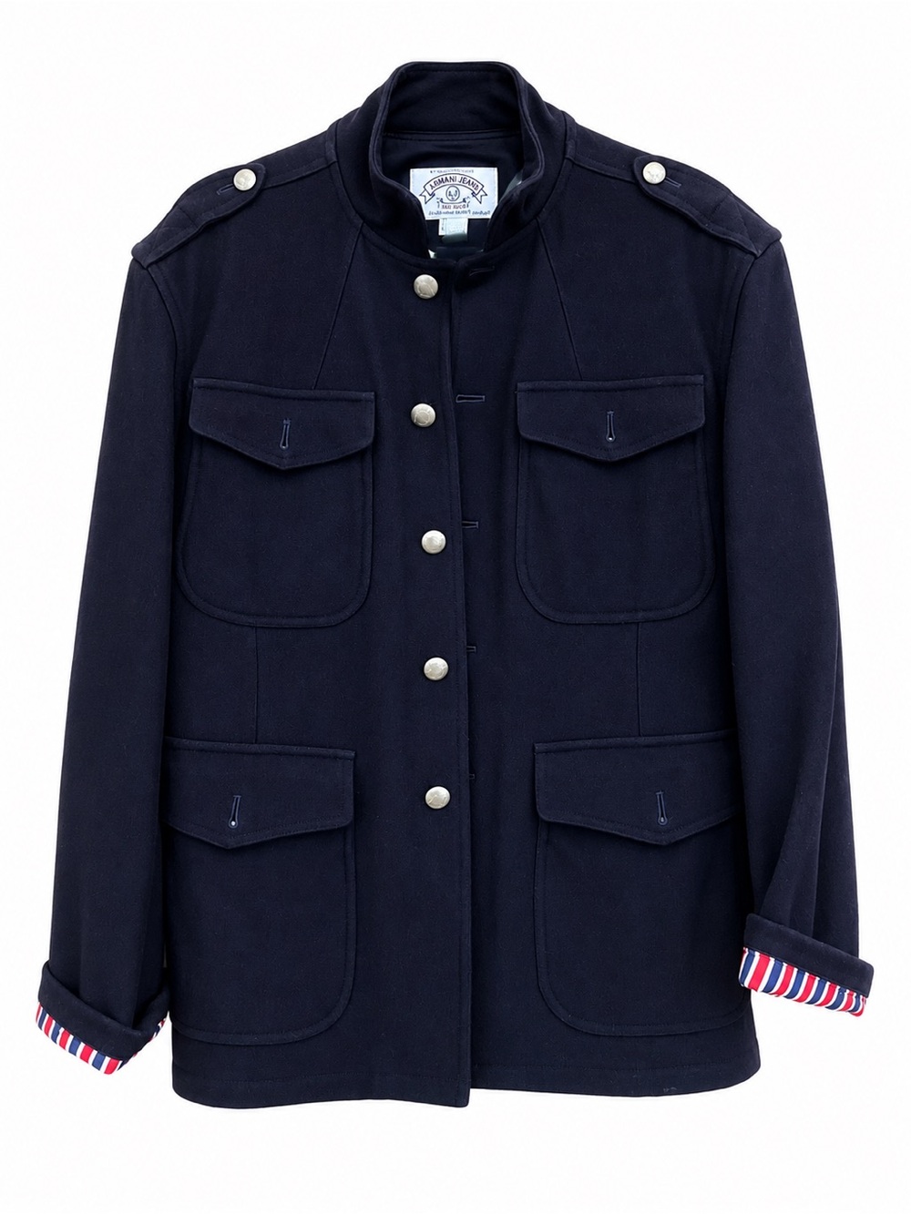 Vintage Armani Jeans Women’s Navy Wool Military Jacket Size 4 – New Condition!